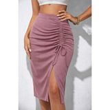 Marsilyan Kadın Beli Lastikli Yandan Büzgülü Bağcık Detaylı Midi Kaşkorse Etek - Pembe - L - XL