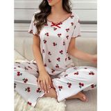 Marsilyan Kadın Beyaz Kiraz Desenli Kısa Kollu Yumuşak Pijama Takımı 5128