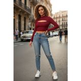 Marsilyan Kadın Bordo Modern Fit Göğüs Dekolteli Uzun Kollu Cut Out Crop Top Bluz
