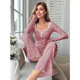 Marsilyan Kadın Çiçek Desenli Yumuşak Pamuklu Uzun Pijama Takımı 5132 - Pembe - S - M
