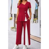 Marsilyan- Kadın Kısa Kollu Asimetrik V Yakalı Yandan Düğmeli Janjankrep Bluz ve Pantolon Ikili Takım - Kırmızı - L - XL