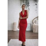 Marsilyan Kadın Kolsuz V Yakalı Uzun Triko Elbise - Kırmızı - 2XL - 3XL