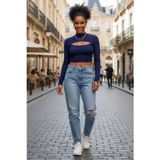 Marsilyan Kadın Lacivert Modern Fit Göğüs Dekolteli Uzun Kollu Cut Out Crop Top Bluz