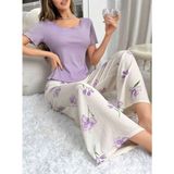 Marsilyan Kadın Mor Çiçek Desenli Yumuşak Pamuklu Uzun Pijama Takımı 5133