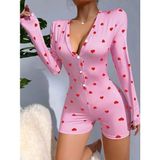 Marsilyan Kadın Pembe Kalp Desenli Pijama Tulumu 5121 - Kırmızı