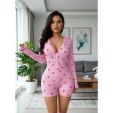 Marsilyan Kadın Pembe Kalp Desenli Zarif Pijama Tulumu Özel Tasarım