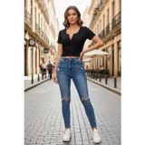 Marsilyan Kadın Siyah Çift Fermuarlı Modern Yarım Kol Crop Top Bluz