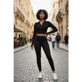Marsilyan Kadın Siyah Dik Yaka Fermuarlı Uzun Kollu Parmak Geçmeli Crop Top Spor Bluz