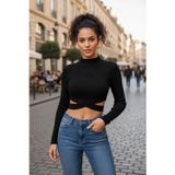 Marsilyan Kadın Siyah Modern Fit Çapraz Bel Detaylı Dik Yaka Uzun Kol Crop Top Bluz