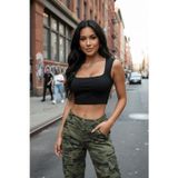 Marsilyan Kadın Siyah Modern Fit Kare Yaka Kalın Omuz Detaylı Crop Top Bluz