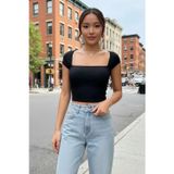 Marsilyan Kadın Siyah Modern Fit Kare Yaka Yarım Kol Göğüs Dekolteli Crop Top Bluz