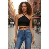 Marsilyan Kadın Siyah Modern Fit Sırtı Açık Boyundan Çapraz Bağlamalı Crop Top Bluz