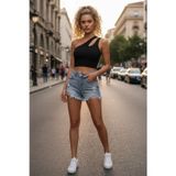 Marsilyan Kadın Siyah Modern Fit Tek Omuz Cut Out Detaylı Crop Top Bluz