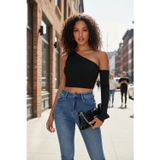 Marsilyan Kadın Siyah Modern Fit Tek Omuz Detaylı Uzun Kol Crop Top Bluz