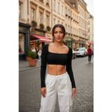 Marsilyan Kadın Siyah Modern Fit Uzun Kol Göğüs Ve Sırt Dekolteli Crop Top Bluz