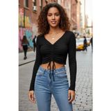 Marsilyan Kadın Siyah Uzun Kol Drapeli Bağcık Detaylı Crop Top Bluz