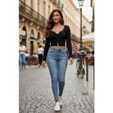 Marsilyan Kadın Siyah Uzun Kollu Düğme Detaylı Göğüs Ve Göbek Dekolteli Crop Top Bluz Premium Stil