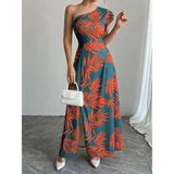 Marsilyan Kadın Tek Omuzlardan Açık Yırtmaçlı Uzun Desenli Elbise - Kırmızı - L - XL