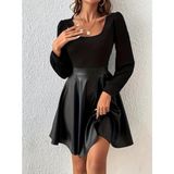 Marsilyan Kadın Uzun Kollu Kare Yaka Üst Viskon Alt Deri Mini Elbise - 2XL - 3XL - Siyah