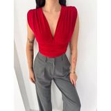 Marsilyan Kadın Vatkalı Kolsuz V Yaka Drapeli Crop Bluz Likralı Fit - Kırmızı