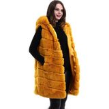 Marsilyan Kapşonlu Peluş Kürk Yelek Premium Kalite, Tam Astarlı, Uzun Model - Sarı - 2XL