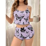 Marsilyan Mor Renk Kelebek Desenli Şortlu Ev Giyim Takımı,kadın Yazlık Askılı Pijama, Rahat ve Şık Ev - - - 0 - 1 Ay