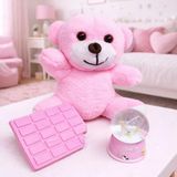 Marsilyan Pembe Peluş Ayıcık, Kar Küresi ve Pembe Çikolata Not Defteri Hediye Seti - Renkli - standart