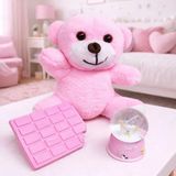 Marsilyan™- Pembe Peluş Ayıcık, Kar Küresi ve Pembe Çikolata Not Defteri Hediye Seti