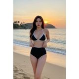 Marsilyan Siyah Beyaz Kaşkorse Kumaş Yüksek Bel Bikini Takımı Esnek Rahat Kesim Yazlık Kadın Mayo Seti