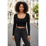 Marsilyan Siyah Derin U Yaka Crop Top Uzun Kollu Dar Kesim Kadın Bluz