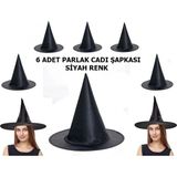Marsilyan™- Siyah Renk Parlak Dralon Cadı Şapkası Yetişkin ve Çocuk Uyumlu 6 Adet - Renkli - standart