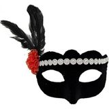 Marsilyan Siyah Renk Süet Kaplama Gümüş Dantelli Kırmızı Gül Tasarımlı Parti Maskesi 18X20 cm - Renkli - standart