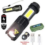 Marsilyan Su Geçirmez Şarjlı El Feneri 2500 Lumens + 5W COB LED USB Lion Şarjlı Ultra Güçlü Q5 XPE (48