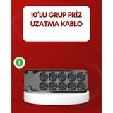 Marsilyan USB Type-C Destekli 10’lu Grup Priz Termal Korumalı 2m Kablo 2500W - Renkli