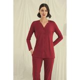 Marsilyan- Uzun Kollu Boydan Düğmeli V Yaka Pijama Takımı - Kırmızı