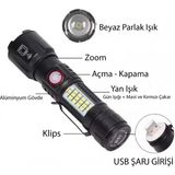 Marsilyan WS-2828 Ultra USB Şarjlı Polis El Feneri, Bekçi, Asker El Feneri Kırmızı Mavi Çakarlı 1000 Lümen (4887) - Renkli