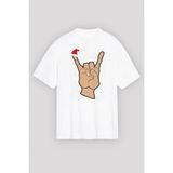 Marsilyan- Yılbaşı Noel Başlıklı Serçe Parmak Baskılı Oversize Bisiklet Yaka T-Shirt - Beyaz - XL