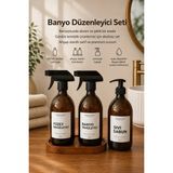 Marvielle Seti Ahşap Stantlı Beyaz Etiketli Sıvı Sabun Şişesi - Banyo Düzenleyici