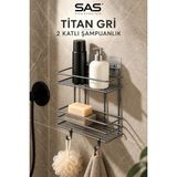 Marvielle Titan Gri 2 Katlı Yapışkanlı Şampuanlık Metal Banyo Rafı 26 cm - Banyo Düzenleyici