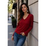 Marvine Kadın V Yaka Günlük Penye Bluz Bordo