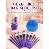 Masa Dostu Kadın Makyaj ve Kişisel Bakım Seti 12 Parça Makyaj Fırçası Silikon Yüz Temizleyici Manikür - Renkli