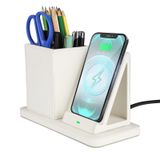 Masa Düzenleyicili Kablosuz Şarj Cihazı, iPhone 14/14 Pro/13/12/11/Samsung Galaxy S23/S22/S21/S20/Note 20/Note 10 için Kablosuz Şarj İstasyonu, Deri ile Kablosuz Şarj Standı, Beyaz