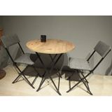 Masa Sandalye Katlanir Bistro Takimi 60Cm Cam Desenli Masa Keten Gri Sandalye