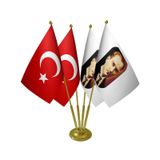 Masa Üstü Atatürk Bayrağı Türk Bayrağı Dörtlü Pirinç Direk Masa Bayrak Seti