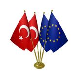 Masa Üstü Avrupa Birliği Bayrağı Türk Bayrağı Dörtlü Pirinç Direk Masa Bayrak Seti