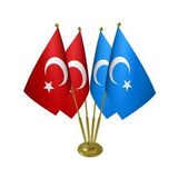 Masa Üstü Doğu Türkistan Bayrağı Türk Bayrağı Dörtlü Pirinç Direk Masa Bayrak Seti