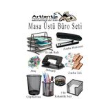 Masa Üstü Ofis Paketi 9 Parça Metal Evrak Rafı Metal Kalemlik Zımba Makinesi Teli Delegeç Çöp Kovası Küp Notluk Siyah