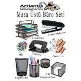 Masa Üstü Ofis Paketi 9 Parça Metal Evrak Rafı Metal Kalemlik Zımba Makinesi Teli Delegeç Çöp Kovası Küp Notluk
