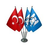 Masa Üstü Selçuklu Devleti Bayrağı Türk Bayrağı Dörtlü Krom Direk Masa Bayrak Seti