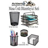 Masa Üstü Siyah Fileli Kalemlik Çöp Kovası ve 3 Katlı Evrak Rafı 5 Parça 1 Paket 5 li Masa Üstü Düzenleyici Kalemlik Küp Notluk Ataşlık